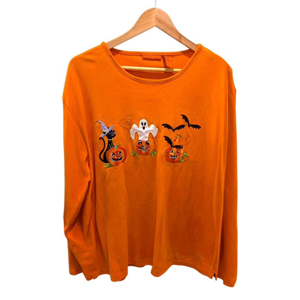 Orange Halloween Top with Appliqué Vintage Long Sleeve Shirt XL Tee Black Cat